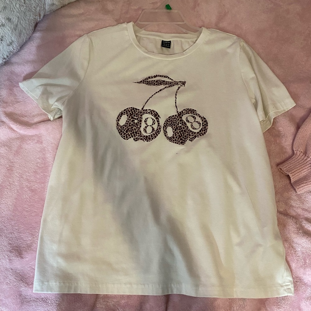 SHEIN Cream Top with Leopard Cherry Design